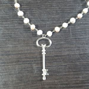 Colorful pearl necklace with silver key charm